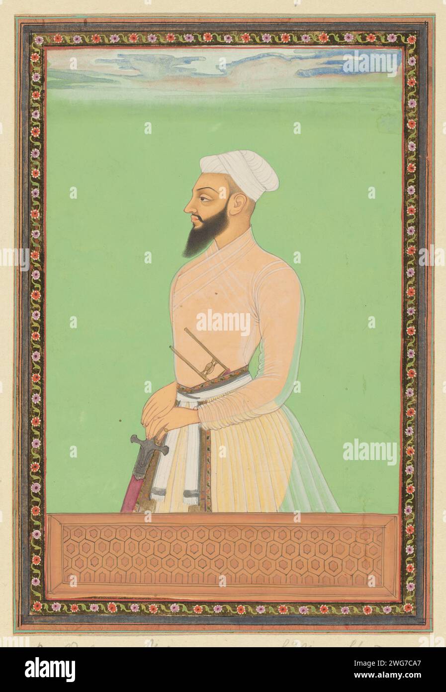 Portrait of Bahlul-Khan, the supreme commander of Sultan Sikander, who is now a ruler of Bijapur, c. 1686 drawing. Indian miniature Bahlul-Khan is depicted up to his hips, used to the right, with both hands on his sword, a Kattan in his belt. Leaf 44 in the `Witsen-Album ', with 49 Indian miniatures of princes. Above the portrait a piece of paper with the name in Persian. Under the portrait a piece of paper with the name in the Portuguese. Golkonda paper. deck paint. gold leaf. gouache (paint) brush ruler, sovereign. historical person (...) - historical person (...) portrayed alone Stock Photo
